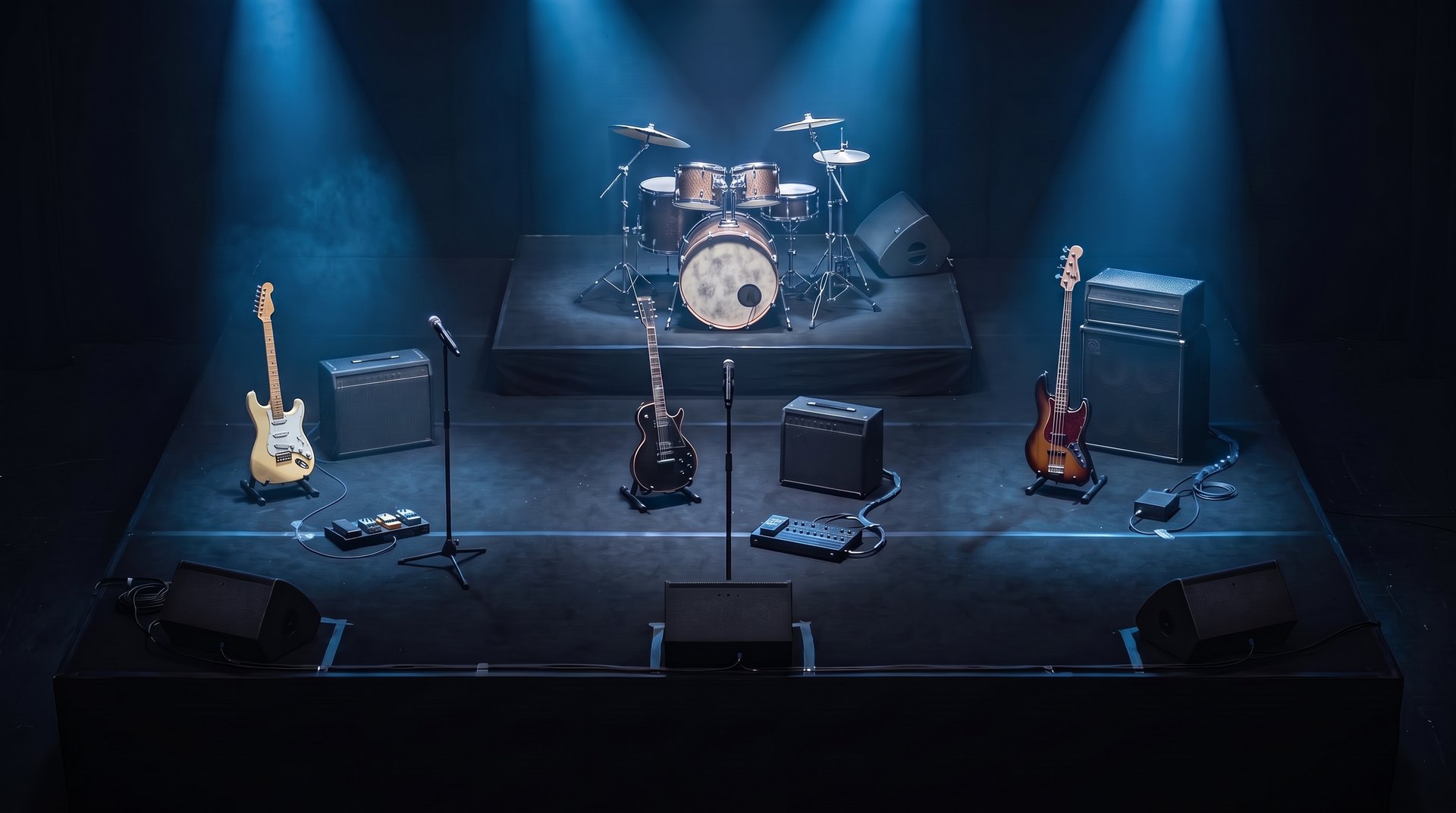 Empty stage seen from the audience: drum kit on a riser upstage centre with a wedge on the drummer's left; Kevin's cream guitar rig on the audience left; Kyle's guitar rig and vocal mic centre; Mike's bass rig and DI box on the audience right; four floor wedges